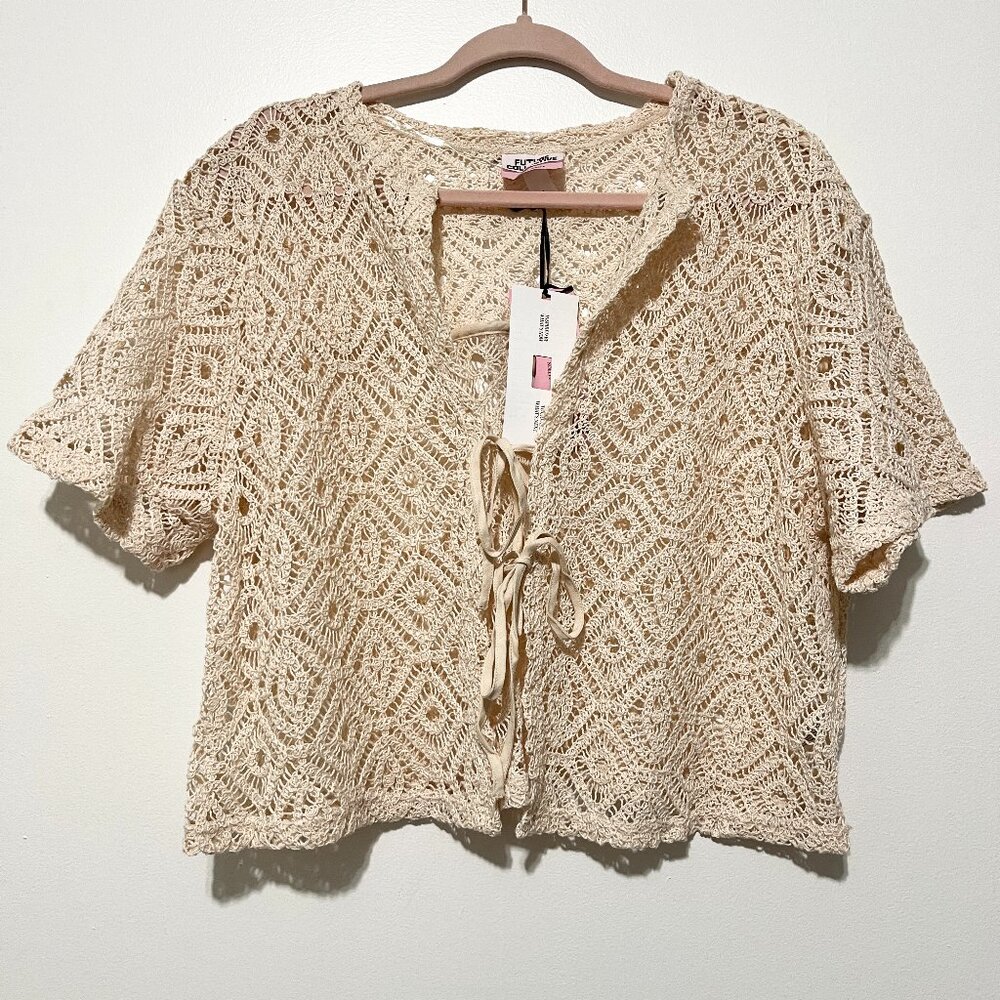 Future Collective Womens Open Knit Top L Ivory Boho Festival Indie Coachella NWT